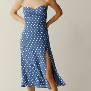 Reformation Juliette Polka Dot Midi Dress in Blue | Size 8 US